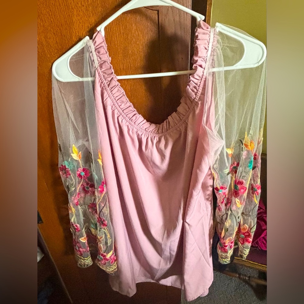 Pink Ruched 3/4 Sleeve Embellished Blouse